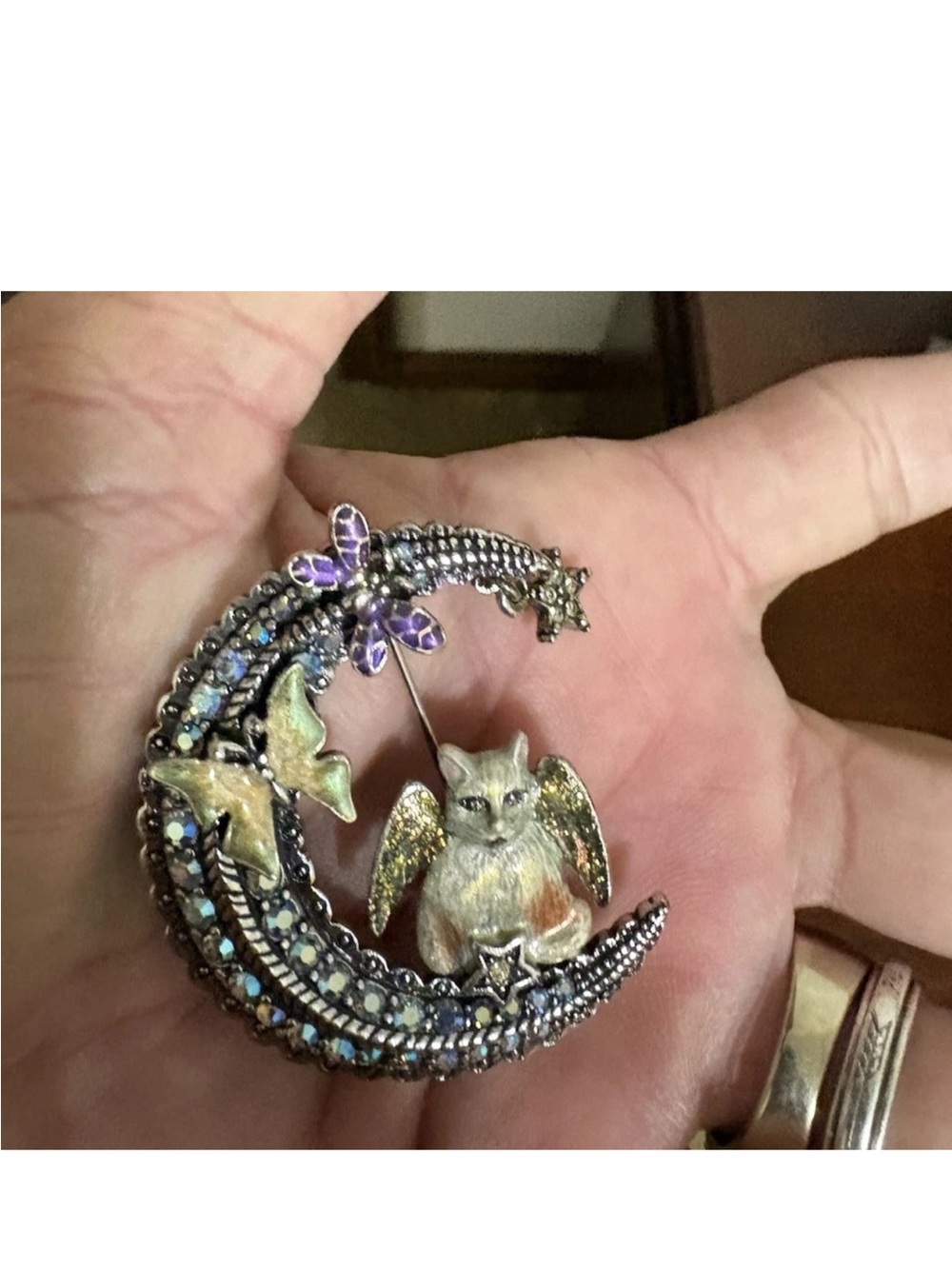 Kirk's Folly Crescent Moon, cat Angels hourglass, brooch, gold toned vintage